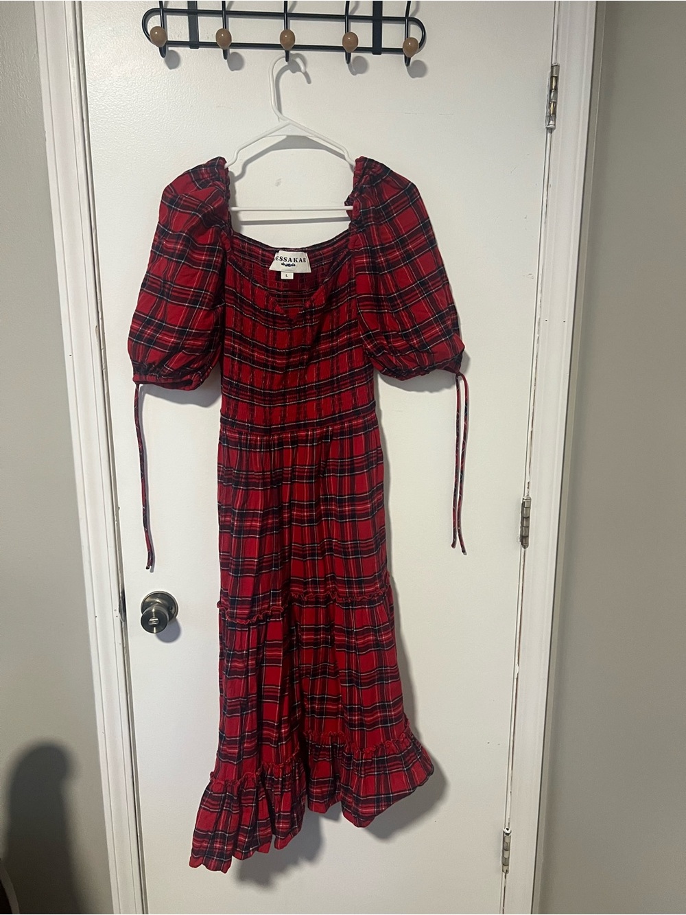 JessaKae Red Plaid Puff-Sleeve Midi Dress